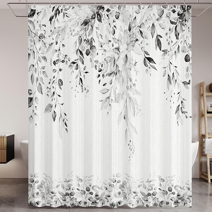 Grey Eucalyptus Leaves Shower Curtain for Bathroom:Aesthetic Art Watercolor Plant Shower Curtains Sets with Hooks,Waterproof Fabric Decor 60x72 inches.