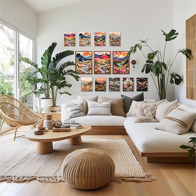 Nature Landscape Boho Wall Art Set of 3 24x16In Wood Framed,with 9 Bonus 8x10 Posters Prints, Abstract Ridge River Sunset Floral Canvas Paintings for Living Room Bedroom Office