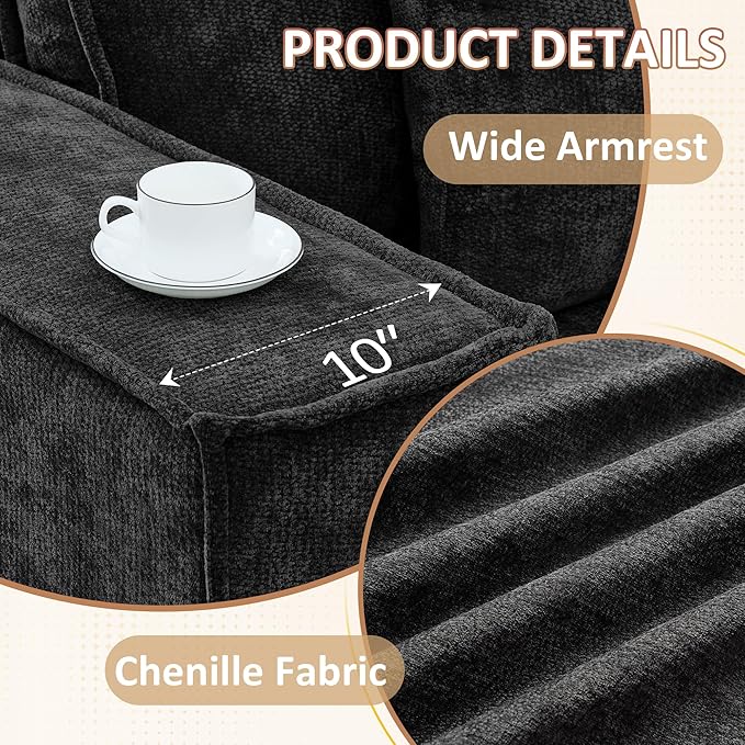 108'' Comfy Chenille Boneless Couch, Oversized Modular Sectional 4 Seater Sofa, Modern Deep Seat Corner Cloud Compressed Couch, No Assembly Sleeper Sofa with Chaise for Living Room, Black