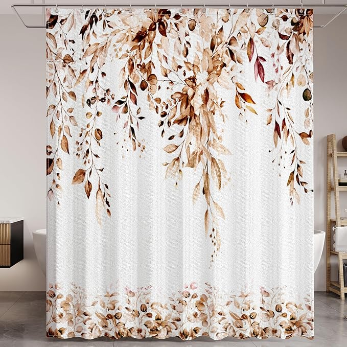 Brown Eucalyptus Leaves Shower Curtain for Bathroom:Aesthetic Art Watercolor Plant Shower Curtains Sets with Hooks,Waterproof Fabric Decor 72x78 inches.