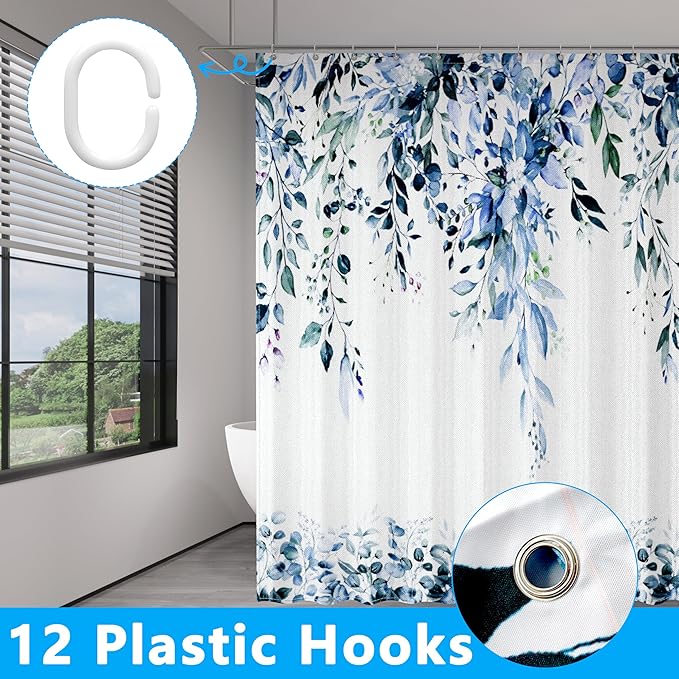 Blue Eucalyptus Leaves Shower Curtain for Bathroom:Aesthetic Art Watercolor Plant Shower Curtains Sets with Hooks,Waterproof Fabric Decor 72x72 inches.