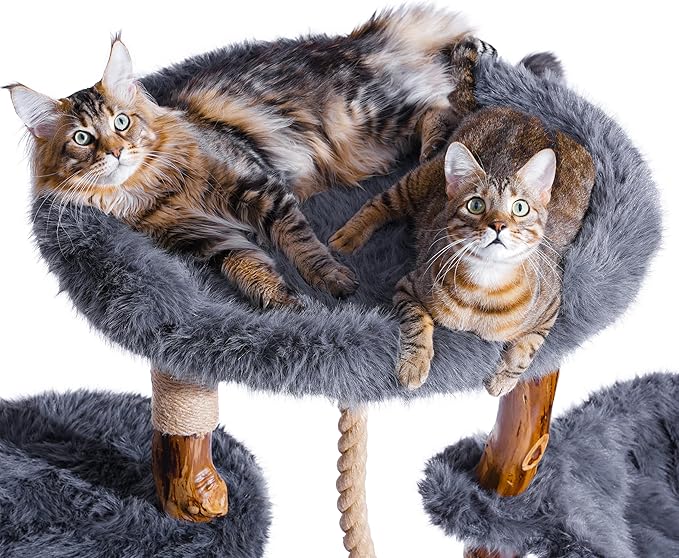 Aesthetic Cat Tree Tower for Large Cats, Large Cat Tree for Maine Coon Indoor Cats with Faux Fox Fur, Solid Wood Sisal Scratching Post, Hammock, Perches, Platform, Toy Ball