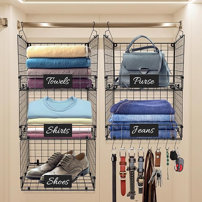 DECOLURE 5-Tier Adjustable Hanging Closet Organizer – Maximize Hanging Storage w/ 4 Hanging Hooks, 8 S Hooks & 5 Name Plates - Sturdy Foldable Wire Storage Hanging Shelves for Clothes, Towels (Black)