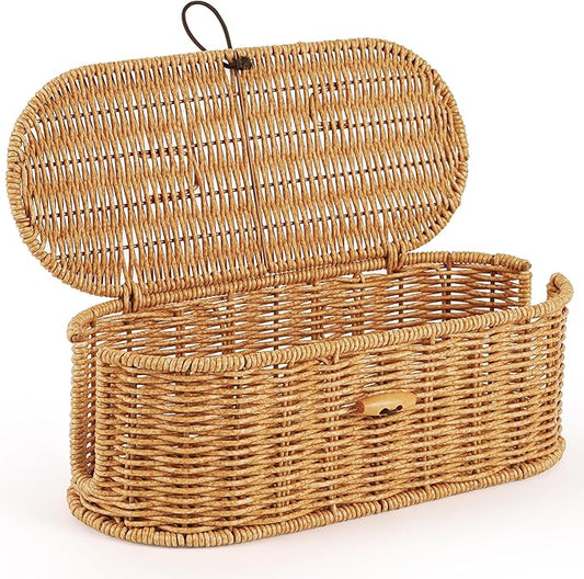 Cable Management Box, Handwoven Faux Rattan Cord Organizer Box with Lid, 2 Open Slots Cable Organizer Box, Decorative Cord Hider Box for Tv Computer USB Hub & Power Strip Holder