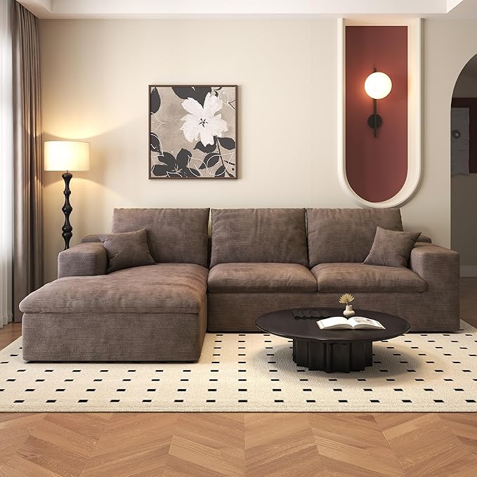 107'' L-Shaped Modern Modular Sectional Cloud Couch, 4-Seat Chenille Deep-Seat Sofa with Pillow for Living Room, Bedroom, Apartment, Camel