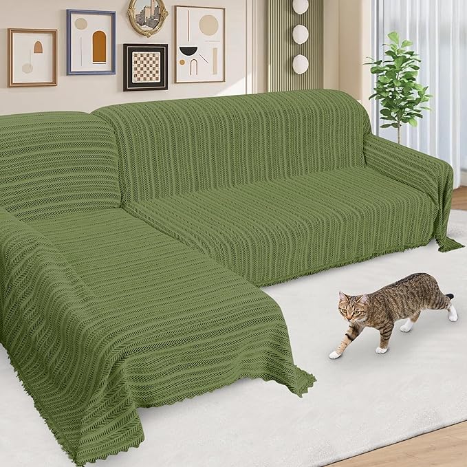 ALIECOM Boho Couch Covers for Sectional Sofa 2 Piece Thick Chenille L Shape Sectional Sofa Cover for Dogs Couch Cover Blanket Sofa Slipcovers Pet Furniture Protector Washable (XX-Large, Lines Green)