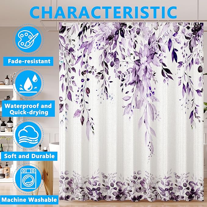 Purple Eucalyptus Leaves Shower Curtain for Bathroom:Aesthetic Art Watercolor Plant Shower Curtains Sets with Hooks,Waterproof Fabric Decor 72x72 inches.