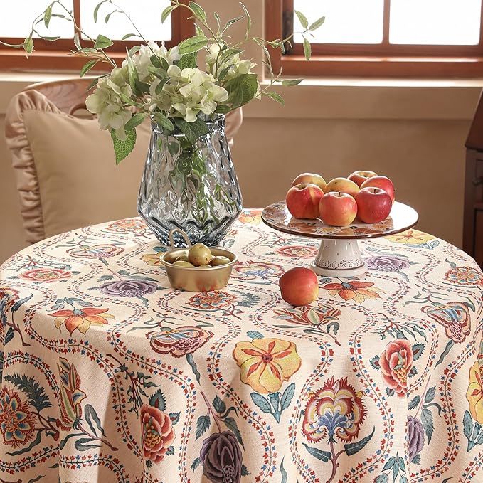 Vintage French Round Tablecloth,Linen Extra Long Tablecloth with Rose and Cornflower Pattern,Decorative Table Cover for Kitchen,Dining,Thanksgiving,Christmas,Party,Diameter 55"-Lanae