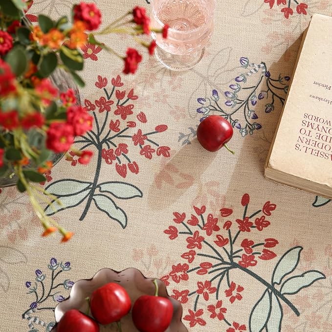 patdrea Designer Vintage Linen Table Cloth for Round Table,Red Floral Durable Breathable Tablecloth,Dacorative for Kitchen Dining,Holiday,Christmas,Thanksgiving,Tea Party,Diameter 55"-Newmari