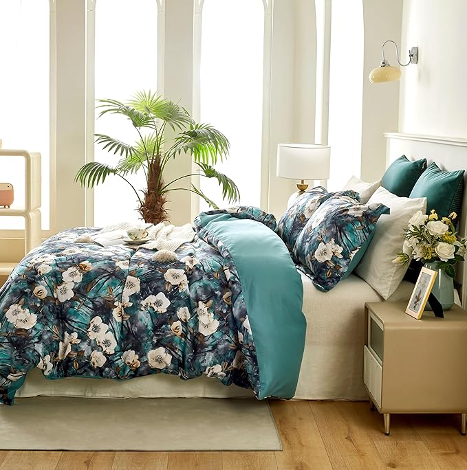 Cupocupa Twin Duvet Cover Set - Boho Floral Vintage Bedding, Teal Botanical Art Print Microfiber Duvet Cover with Pillowcase, Soft Breathable Comforter Cover (Twin Size, Comforter Not Included)
