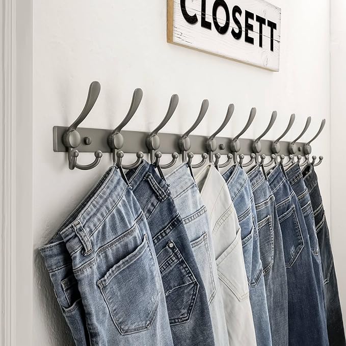 Dseap MaxStrong 2.0 Coat Rack Wall - 37” Long 10 Tri Hooks - Ultra Heavy-Duty Stainless Steel Wall Mount Coat Hanger, Hook Rail for Clothes Hats Jacket Towels Grey, Pack of 2