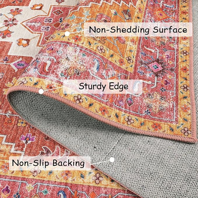 Moynesa Ultra-Thin Washable Pink Area Rug - 6x9 Large Boho for Girls Bedroom, Dining Room, Non-Shed Playroom, Office, Indoor Printed Boho Floor Carpet for Living Room Decor
