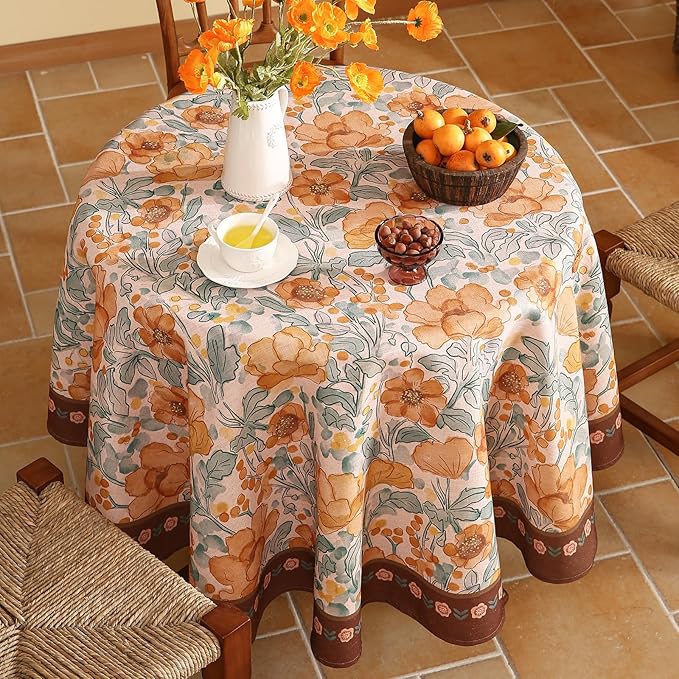 Vintage Linen Round Tablecloth,Italian Orange Floral Soft and Wrinkle Free Tablecloths,Decorative Table Cover for Kitchen,Dining,Tea Party,Home,Christmas,Diameter 67"-Positano