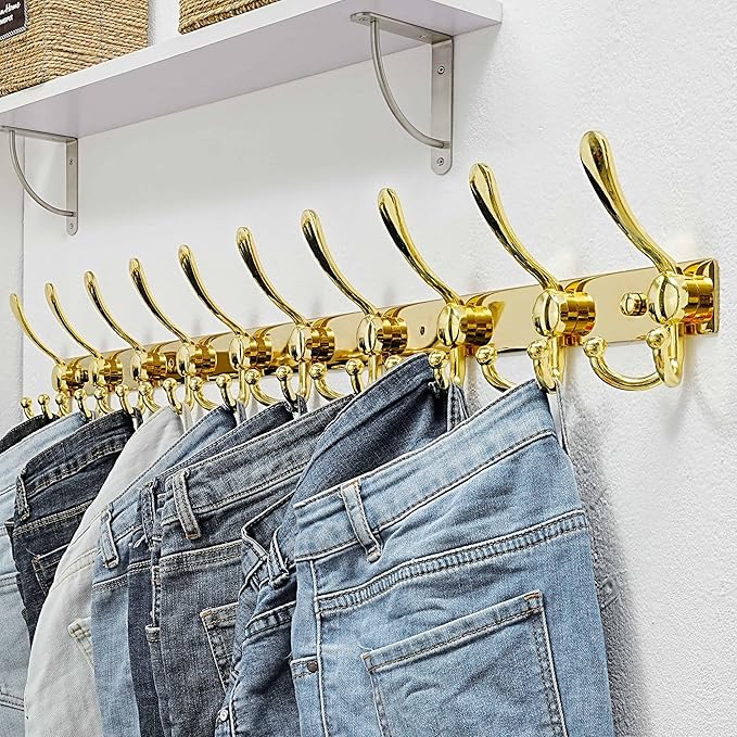 Dseap MaxStrong 2.0 Coat Rack Wall - 37” Long 10 Tri Hooks - Ultra Heavy-Duty Stainless Steel Wall Mount Coat Hanger, Hook Rail for Clothes Hats Jacket Towels Gold