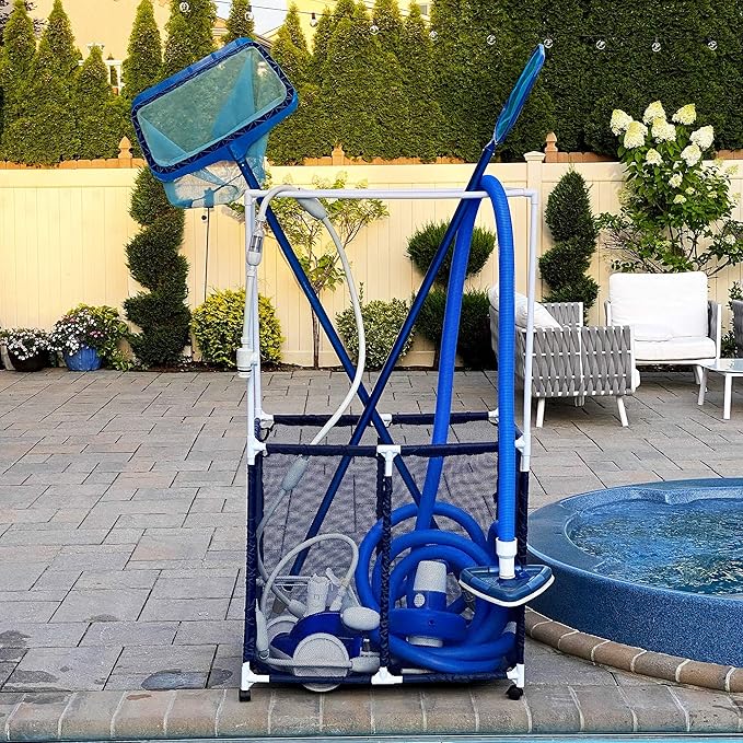 Pool Equipment Holder with Towel Drying Bars, Mesh Rolling Multi Use Storage Organizer Bin, Large Towel Hanger (25" L x 34.5" W x 62.6" H), Blue/White